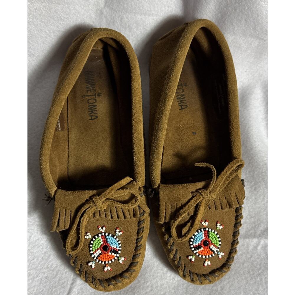 Minnetonka Me To We Moccasins Women's Size 7 Suede Rubber Sole Beaded 4031 Brown